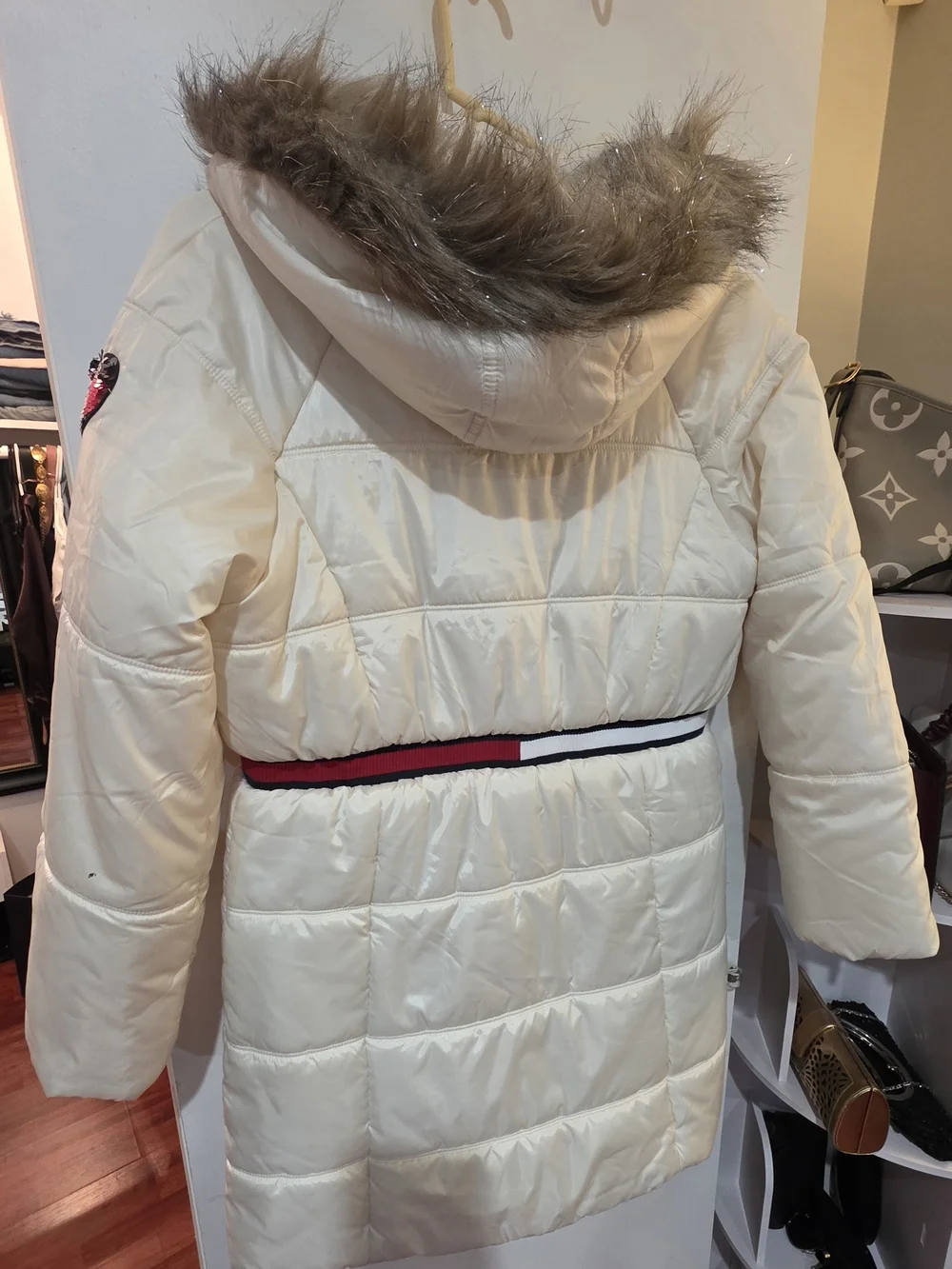 Tommy Hilfiger Cream Hooded Quilted Puffer with Faux-Fur Trim